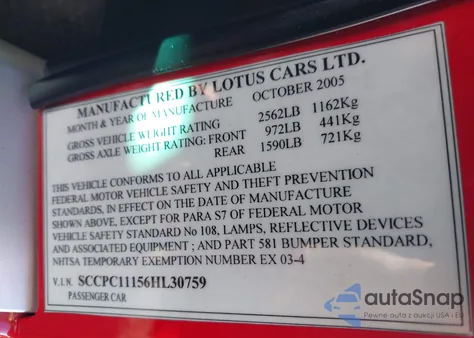 2006 Lotus Elise z USA, uszkodzony, nr VIN SCCPC11156HL30759